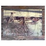 Vintage photos of houses  on piece of drift wood