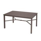Jasper Ridge Farmhouse Black Frame Rectangular Metal Outdoor Patio Dining Table with Wood Grain Tabletop by Hampton Bay not used whit small damage on the table stock photo used to display the unit