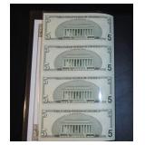 2006 US Government Uncut Sheets of $5 Bills SN HF 99978423A