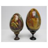 2 Hand Painted Signed Russian Icon Wooden Eggs w/Stands