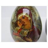 2 Hand Painted Signed Russian Icon Wooden Eggs w/Stands