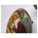 2 Hand Painted Signed Russian Icon Wooden Eggs w/Stands
