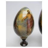 2 Hand Painted Signed Russian Icon Wooden Eggs w/Stands