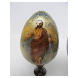 2 Hand Painted Signed Russian Icon Wooden Eggs w/Stands