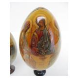 2 Hand Painted Signed Russian Icon Wooden Eggs w/Stands