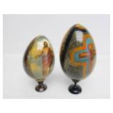 2 Hand Painted Signed Russian Icon Wooden Eggs w/Stands