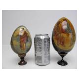 2 Hand Painted Signed Russian Icon Wooden Eggs w/Stands