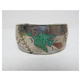Excellent Vintage Zuni Inlaid Turquoise & Red Coral Sterling Silver Cuff Bracelet