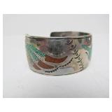 Excellent Vintage Zuni Inlaid Turquoise & Red Coral Sterling Silver Cuff Bracelet