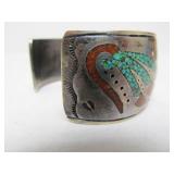 Excellent Vintage Zuni Inlaid Turquoise & Red Coral Sterling Silver Cuff Bracelet