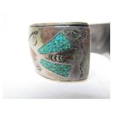 Excellent Vintage Zuni Inlaid Turquoise & Red Coral Sterling Silver Cuff Bracelet