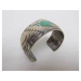 Excellent Vintage Zuni Inlaid Turquoise & Red Coral Sterling Silver Cuff Bracelet