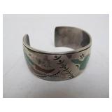 Excellent Vintage Zuni Inlaid Turquoise & Red Coral Sterling Silver Cuff Bracelet