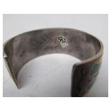 Excellent Vintage Zuni Inlaid Turquoise & Red Coral Sterling Silver Cuff Bracelet