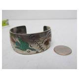 Excellent Vintage Zuni Inlaid Turquoise & Red Coral Sterling Silver Cuff Bracelet