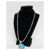 Signed Southwestern Sterling Large Turquoise & Silver Pendant Necklace