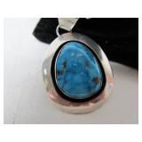 Signed Southwestern Sterling Large Turquoise & Silver Pendant Necklace