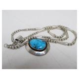 Signed Southwestern Sterling Large Turquoise & Silver Pendant Necklace