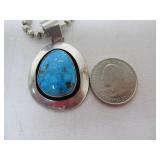 Signed Southwestern Sterling Large Turquoise & Silver Pendant Necklace