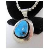 Signed Southwestern Sterling Large Turquoise & Silver Pendant Necklace