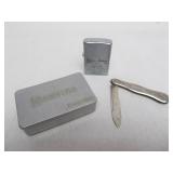 Vintage Zippo Lighter w/ Antique Tobacco Box & Victorian Sterling Silver Pocket Knife