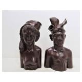2 Excellent Hand Carved Wood Vintage Balinese Bust Sculptures