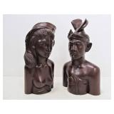 2 Excellent Hand Carved Wood Vintage Balinese Bust Sculptures