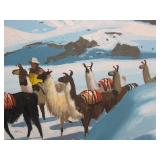 2 Vintage Signed Bolivian Oil on Canvas Paintings Featuring Alpacas