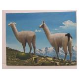 2 Vintage Signed Bolivian Oil on Canvas Paintings Featuring Alpacas