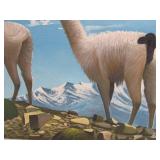 2 Vintage Signed Bolivian Oil on Canvas Paintings Featuring Alpacas