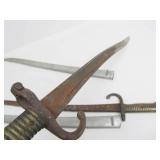 2 Orig Antique 19th Century Brass Handled French Bayonets w/Scabbards