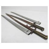 2 Orig Antique 19th Century Brass Handled French Bayonets w/Scabbards