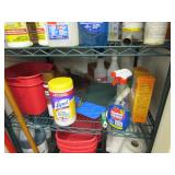 Large Lot of Cleaning Supplies & Rack