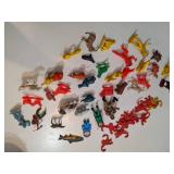 Vintage Plastic Farm Animals, Cowboys and Indians with a Barrel of Monkeys