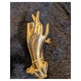 Vintage Gold Hand with glass Bud Vase Brooch - Rare