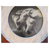 Horses in Round Wood Frame Painted White Art Picture