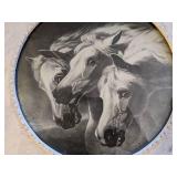 Horses in Round Wood Frame Painted White Art Picture