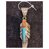 Sterling Silver Turquoise and Coral Feather Native American Pendant