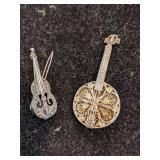 Sterling Silver Musical Instrument Brooches - Banjo and Violin