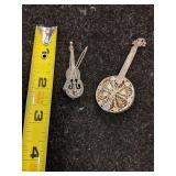 Sterling Silver Musical Instrument Brooches - Banjo and Violin