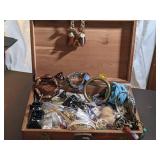 Wood Box filled with Costume Jewelry some Vintage