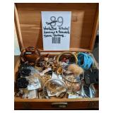 Wood Box filled with Costume Jewelry some Vintage