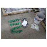 Lot of (58) Industrial Roller Hardware  with Pole Mounting Bracket (x23), PVC Spacer 2-1/2"Dx1-1/2"W (x32), J Hook Unit 10" with Nut (in package x3), Misc. Mounts and Hardware