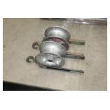 Lot of (2) Industrial Pulley 5"Wx 10-1/2"D  with Greenlee No. 653 24" Hook-Type Cable Sheave (x2), Pin (x1)