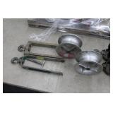 Lot of (2) Industrial Pulley 5"Wx 10-1/2"D  with Greenlee No. 653 24" Hook-Type Cable Sheave (x2), Pin (x1)