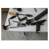 Lot of (Approximately 5) Vintage Hand Tools  with Hand Drill, Rivot Tool, Printer Roller, Chisel