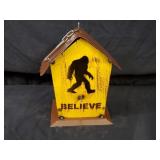 New Recycled Metal Garden Art Bigfoot Believe Birdhouse