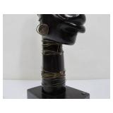 Hand Carved Vintage African Bust Sculpture w/Brass