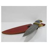 Excellent Custom Made Fixed Blade Knife w/Damascus Steel Blade & Brass & Inlaid Wood Handle
