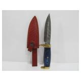Excellent Custom Made Fixed Blade Knife w/Damascus Steel Blade & Brass & Inlaid Wood Handle